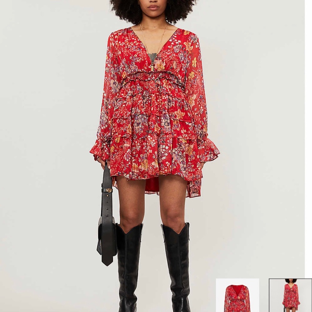 Free People Red Floral Long Sleeve Dress NWT